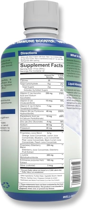Wellgenix Immune Essentials Liquid Dietary Supplement – Elderberry Echinacea Zinc &amp Vitamin C – Fruit Flavor – 32 fl oz (Pack of 2)