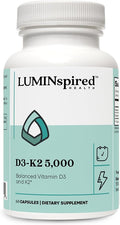 LUMINSPIRED HEALTH Vitamin D3 K2 5000 IU (125 mcg) High Potency Dietary Gluten Free Vitamin Supplements for Healthy Bones Muscles Immune Support &amp Heart Health Non-GMO - 60 Counts Vegan Capsul