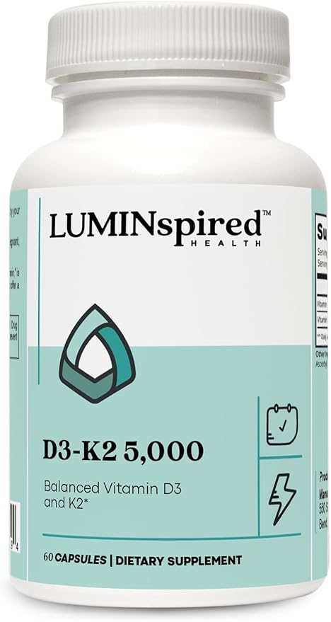 LUMINSPIRED HEALTH Vitamin D3 K2 5000 IU (125 mcg) High Potency Dietary Gluten Free Vitamin Supplements for Healthy Bones Muscles Immune Support &amp Heart Health Non-GMO - 60 Counts Vegan Capsul