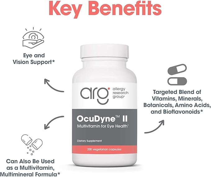 Allergy Research Group OcuDyne II Supplement - Eye Support Vitamins for Vision Eye Health for Adults Vision Support Multivitamin Formula QuatreActiv Folate FloraGLO Lutein - 200 Count