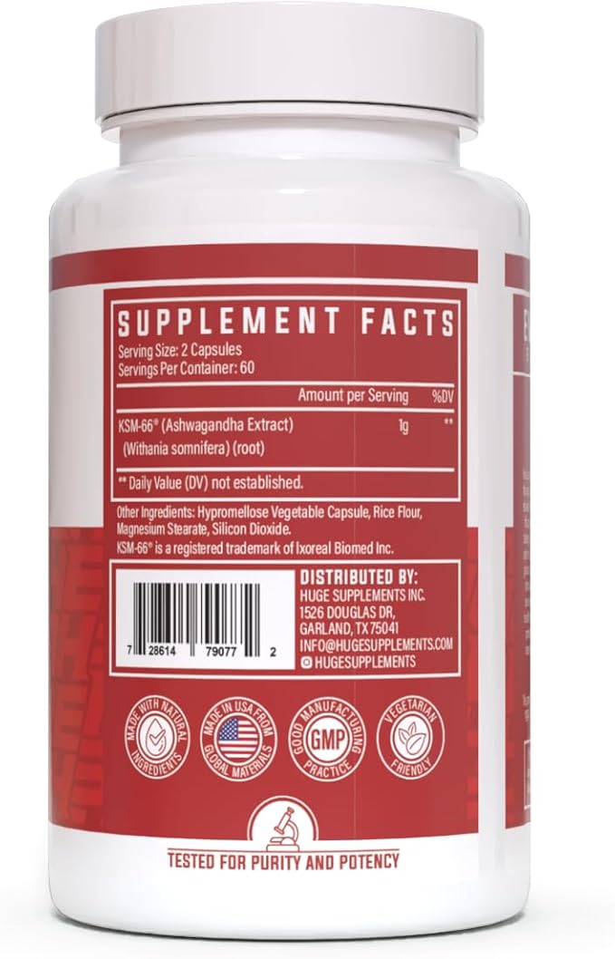 Huge Supplements KSM-66 Ashwaghanda High Potency 5% Withanolides 1000mg of Clinically Studied KSM66 (120 Capsules)