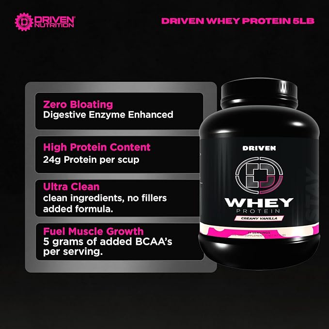 Driven WHEY- Grass Fed Whey Protein Powder: Delicious Clean Protein Shake- Improve Muscle Recovery with 23 Grams of Protein with Added BCAA and Digestive Enzymes (5 lb Creamy Vanilla)