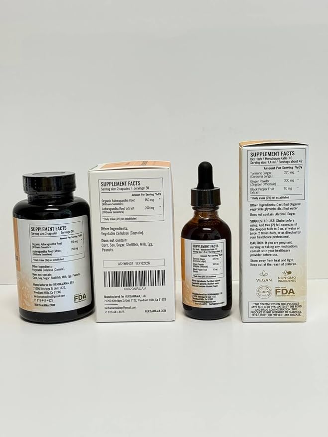 HERBAMAMA Ashwagandha and Turmeric Ginger Kit - Bundle of 1500 mg Ashwagandha Root Capsules &amp Turmeric Ginger Tincture 2 fl oz - Vegan Non-GMO Sugar &amp Alcohol-Free - 2 Pack
