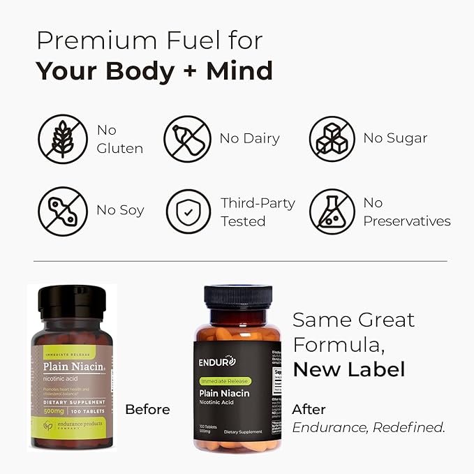 Endur Plain Niacin (Nicotinic Acid) Heart Health &amp Healthy Cholesterol Balance Supplement Immediate-Release Formula Gluten Free 500mg (100 Tablets)