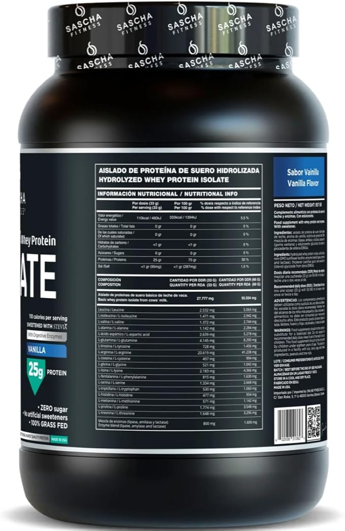 SASCHA FITNESS Hydrolyzed Whey Protein Isolate100% Grass-Fed (2 Pounds Vanilla)