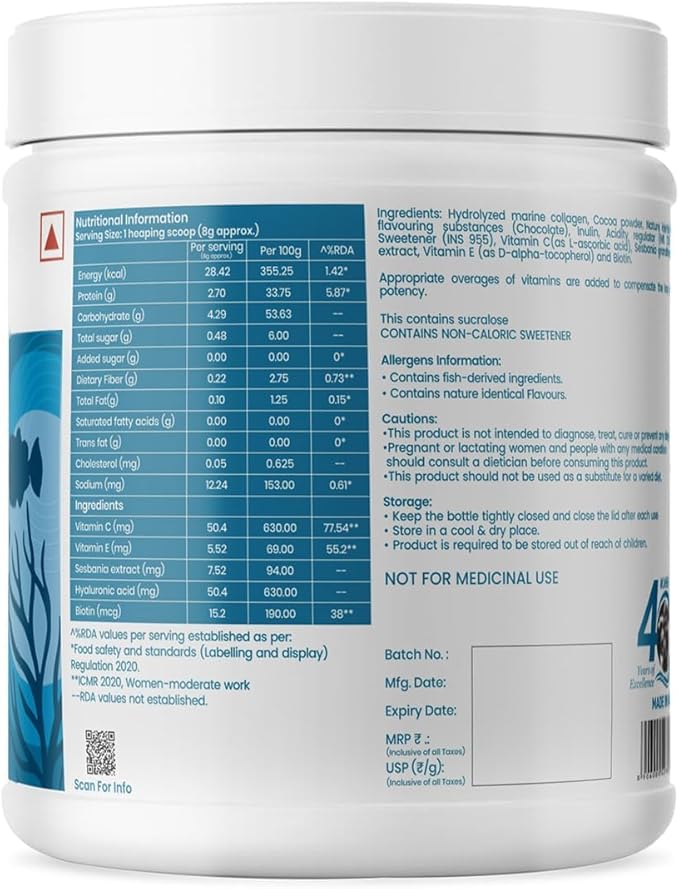 Marine Collagen Skin Protein Powder with Hyaluronic Acid Vitamin C Sesabania &amp Biotin Chocolate Flavour | 25 Servings - 250g