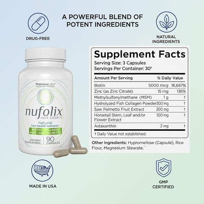 Natural Hair Growth Supplement – Biotin Zinc MSM Collagen Saw Palmetto Horsetail &amp Astaxanthin for Thicker Fuller Shiny Hair – Nourishes Follicles Reduces Thinning – 90 Capsules