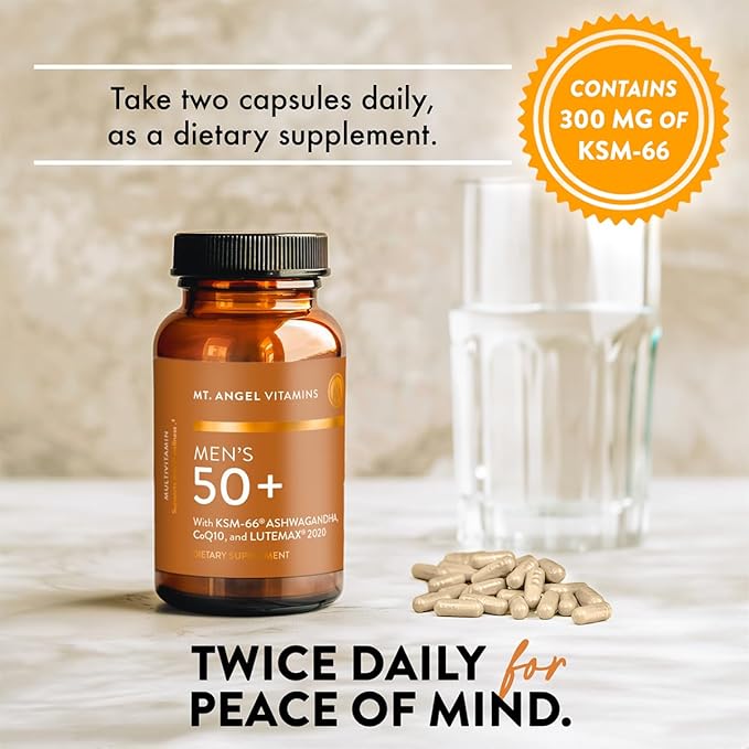 Mt. Angel Vitamins - Daily Mens Multivitamin 50+ Adult Formula with Iron Calcium KSM-66 Ashwaganda and a Potent Proprietary Herbal Blend of The Best Mens Vitamins - 60 Count Capsules