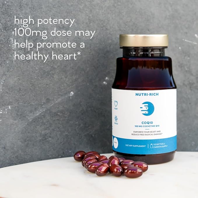 Nutri-Rich CoQ10 Softgels Coenzyme Q10 Ubiquinone for Heart &amp Energy Statin Usage &amp Cellular Health Third Party Tested GMP Quality No Artificial Additives No Soy Gluten Free 90 Count