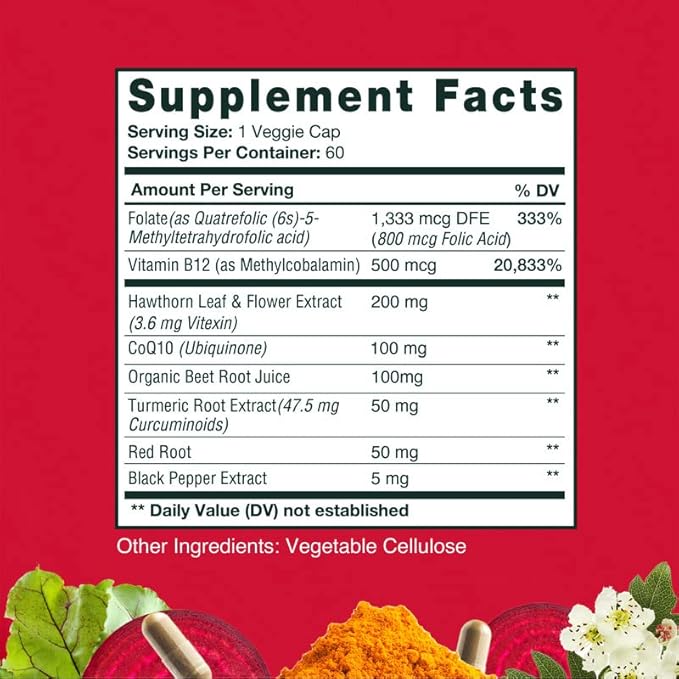 HERBALY Turmeric Complete Plus CoQ10 Capsules - Heart &amp Cardiovascular Support - CoQ10 Beet Extract Folate B12 Turmeric Red Root Hawthorn - Pure Organic Ingredients for Wellness - 60 ct