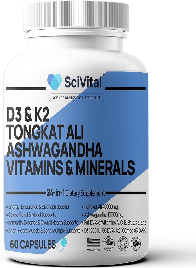 Ashwagandha 10000mg Tongkat Ali 40000mg Supplement with Multivitamin D3 K2 - Men's Health &amp Stress Mood Energy Endurance Support - Ashwagandha Capsules Tongkat Ali for Men USA - 60 Count