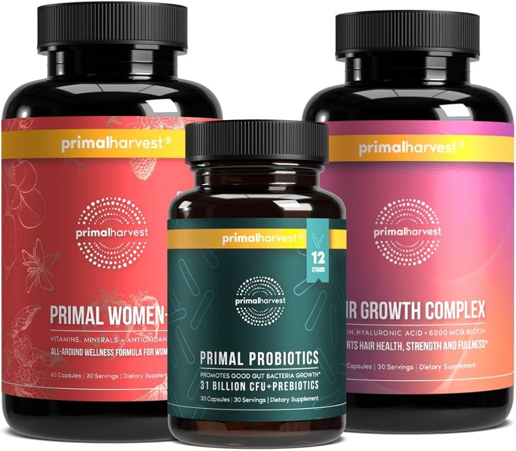 Primal Harvest Women’s Bundle – 30 Day Supply: Women’s+ Multivitamin Primal Hair Support and Primal Probiotic for Women's Health and Vitality