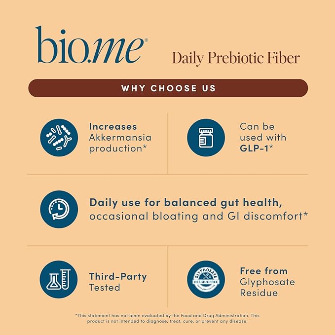 Bio.me Daily Prebiotic Fiber Powder Chocolate - 7g Per Serving - Soluble &amp Insoluble Fiber Supplement Powder for Women &amp Men - Digestive Health &amp Gut Health - GLP-1 Friendly Sugar Free -