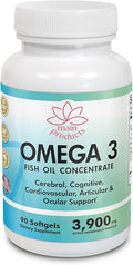 Omega 3 Fish Oil Concentrate Supplement for Women and Men - 3900mg Active Ingredients Omega 3 Fatty Acids EPA and DHA - 90 Softgels - One Month Supply.