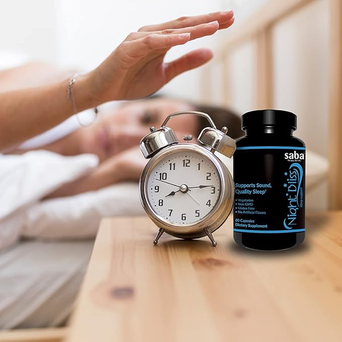Saba Night Bliss Natural Sleep Aid | Non-Habit Forming | Sleep Supplement for Longer Sleep &amp Stress Relief w/Magnesium Melatonin GABA Chamomile &amp Valerian (60 Vegan Capsules 30 Day Supply