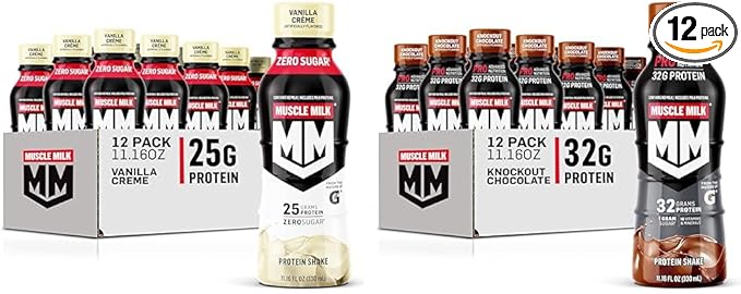 Muscle Milk Genuine Protein Shake Vanilla Creme 11.16 Fl Oz Bottle &amp Pro Advanced Nutrition Protein Shake Knockout Chocolate