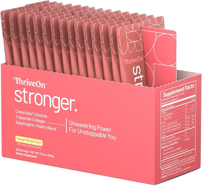 ThriveOn Stronger - Women's Creatine &amp Collagen Supplement for Midlife Support - Bone Muscle Cognitive &amp Energy Support* - Gluten-Free &amp Dairy-Free - Orange-Mango Flavor - 30 Count (30 S