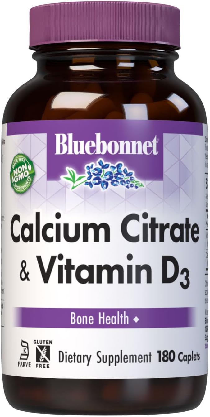 Bluebonnet Calcium Citrate with Vitamin D3 - Daily Bone Health &amp Strength Plus Immune Support* 1000mg Calcium Supplement for Women &amp Men - Non-GMO Gluten-Free - 180 Caplets