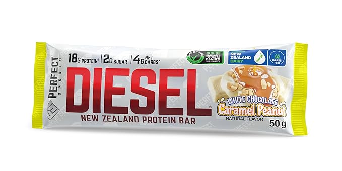 PERFECT SPORTS Diesel New Zealand Whey Protein Bars | Stevia Sweetened No Artificial Flavors | Low Sugar 18g Protein | 12 Pack (White Chocolate Caramel Peanut)