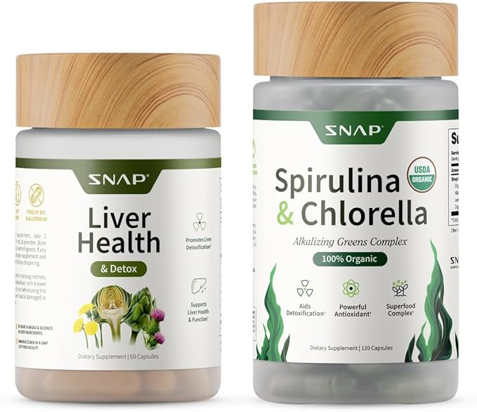 Snap Supplements Liver Health + Organic Spirulina and Chlorella Bundle 60 + 120 Vegetarian Capsules