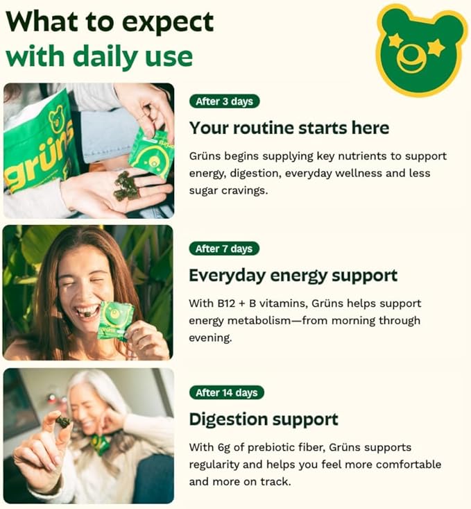 Gruns Adult + Kids Superfood Green Bundle Nutritional Supplement 2-Pack (28 Day Supply) multivitamin Gummy + prebiotics + Greens Powders 60+ Organic Ingredients 20+ Vitamins and Minerals