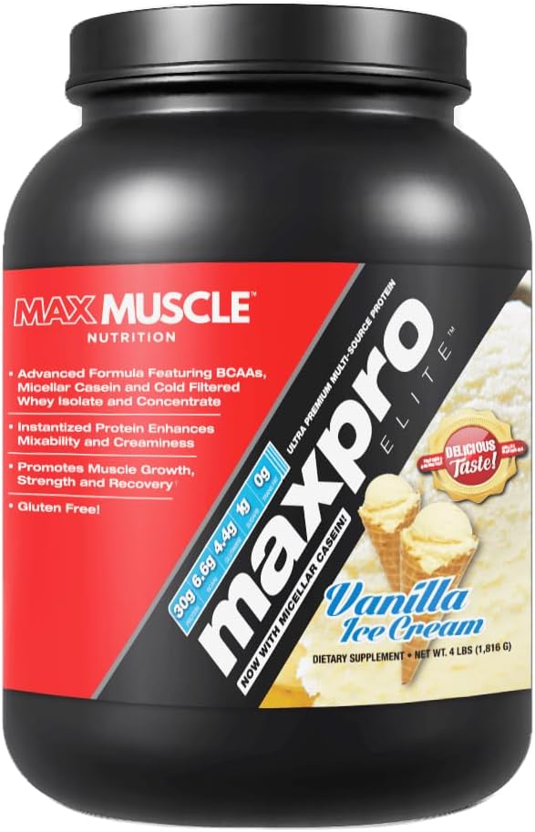 Max Muscle Maxpro Elite Premium Multi-Sourced 30g Whey Protein | Micellar Casein Cold Filtered Whey Isolate Protein Concentrate | Promotes Muscle Growth Strength and Recovery (Vanilla Ice Cream 4lb)