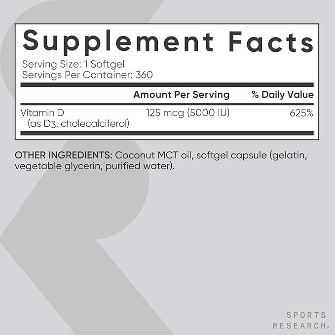 Sports Research® Heart and Bones Pack - High Potency Vitamin D3 5000iu (125mcg) Supplement + Vitamin K2 as MK-7 100mcg with Coconut MCT Oil