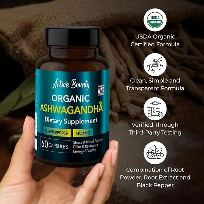 Organic Ashwagandha 1300mg with Black Pepper for Enhanced Absorption | Stress &amp Mood Support Calm &amp Relaxation Energy &amp Vitality | Vegan Non-GMO | 60 Capsules | Made in USA