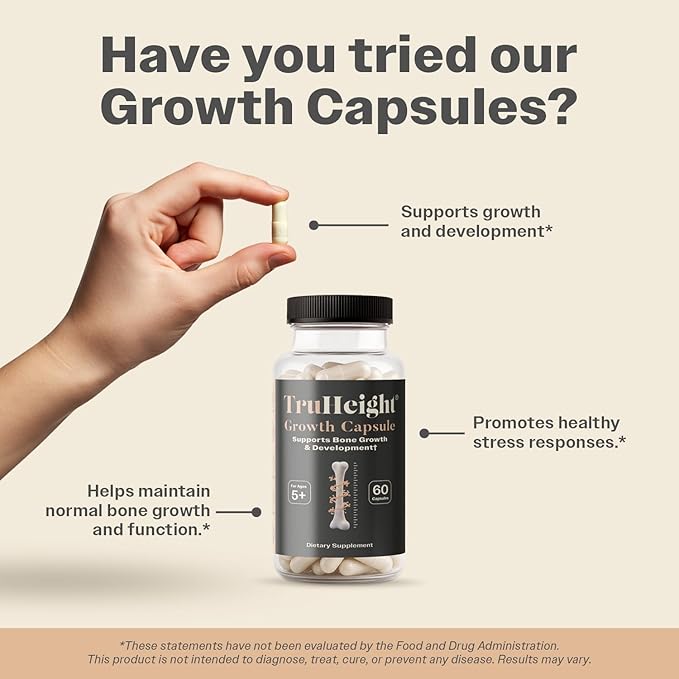 TruHeight Growth Capsules - Tall Nutrition for Natural Growth Supplement for Kids &amp Teens - Pediatric Vitamin D K Calcium &amp Ashwagandha - Kids Vitamins D3 K2 Pills Taller Ages 5+ (Pack of 2