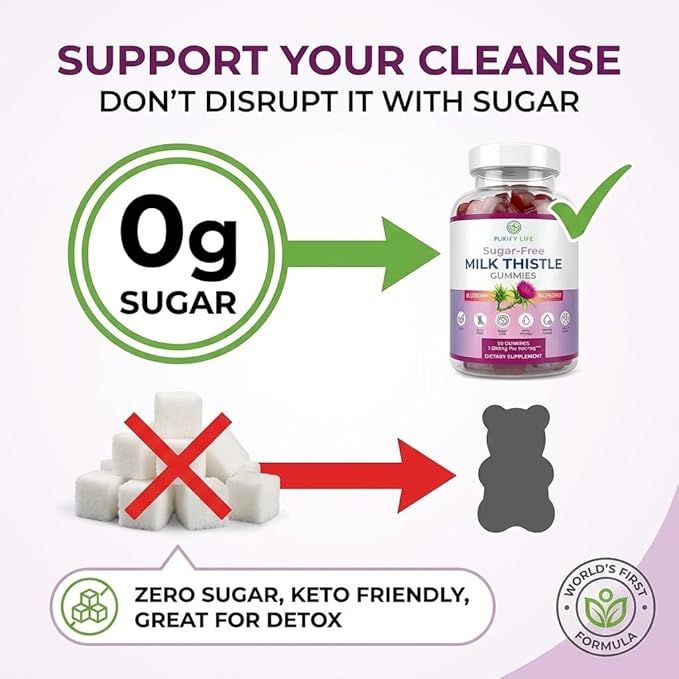 Sugar-Free Milk Thistle Gummies for Liver Cleanse Detox &amp Repair (Natural Blueberry-Raz Flavor) Cardo Mariano Cleansing Milk Thistle Supplement Antioxidant Support Vegan Replaces Pills &amp C