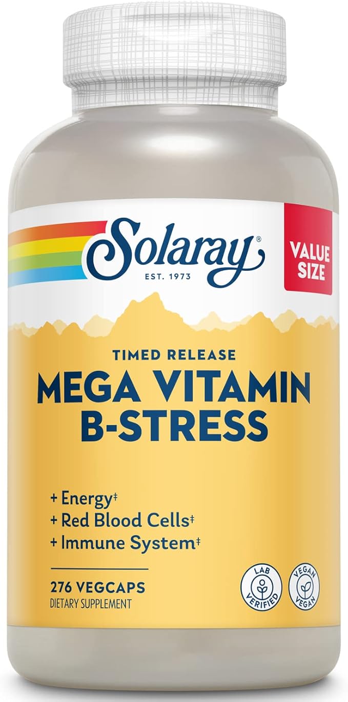 SOLARAY Mega Vitamin B-Stress - Timed Release Vitamin B Complex w/Vitamin B12 B6 Folic Acid VIT. C - Stress Energy Red Blood Cell Immune Support - Vegan 60-Day Guarantee (276 CT)
