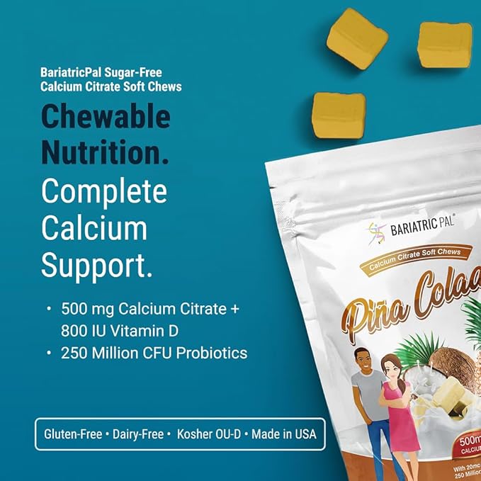 BariatricPal Sugar-Free Calcium Citrate Soft Chews | 500mg with Vitamin D &amp Probiotics | Piña Colada | 90 Count (1 Month Supply)