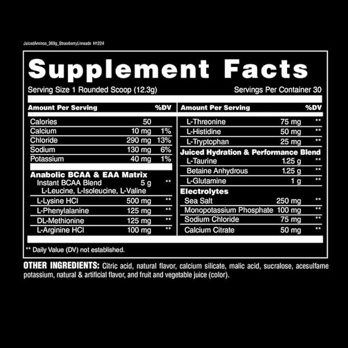 Animal Juiced Amino Acids - BCAA Powder EAA Matrix Plus Hydration with Electrolytes and Sea Salt Anytime Recovery and Improved Performance Strawberry Limeade Flavor 30 Servings