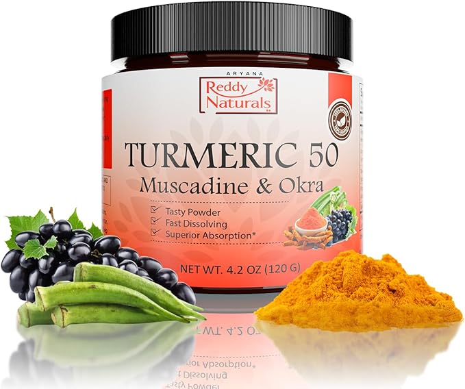 Reddy Naturals Aryana Turmeric 50 – Organic Turmeric Supplement Powder with Muscadine Grape &amp Okra – Fast-Dissolving Plant-Based Formula for Daily Wellness – 30 Servings