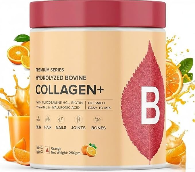 Collagen (250gm Orange) with Biotin Hyaluronic Acid Zinc Vitamin C &amp Glucosamine | for Skin Hair Nails &amp Joints