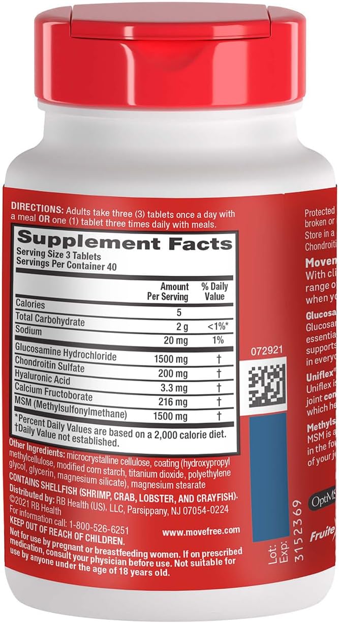 Move Free Advanced Plus MSM Coated Tablets Joint Health Supplement with Glucosamine and Chondroitin 120 Count Pack of 2