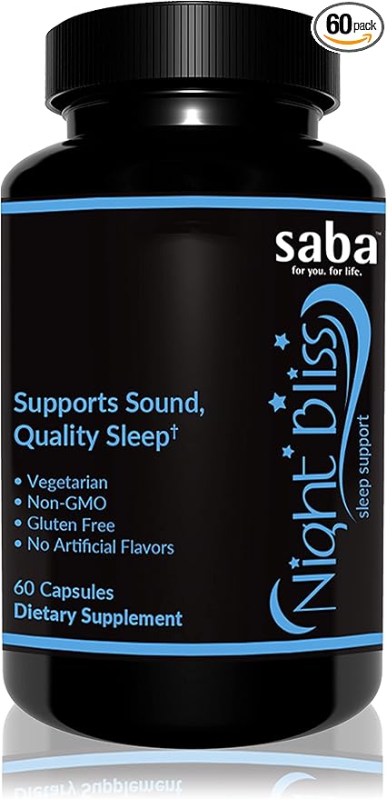 Saba Night Bliss Natural Sleep Aid | Non-Habit Forming | Sleep Supplement for Longer Sleep &amp Stress Relief w/Magnesium Melatonin GABA Chamomile &amp Valerian (60 Vegan Capsules 30 Day Supply
