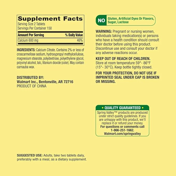 Spring Valley Calcium Citrate Tablets 600 mg per Serving Dietary Supplement 300 Count
