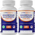 Vitamatic Magnesium Gluconate 1000 mg - 180 Vegetarian Tablets (Uncoated) - Supports Muscle Nerve and Heart Health* - 2 Pack