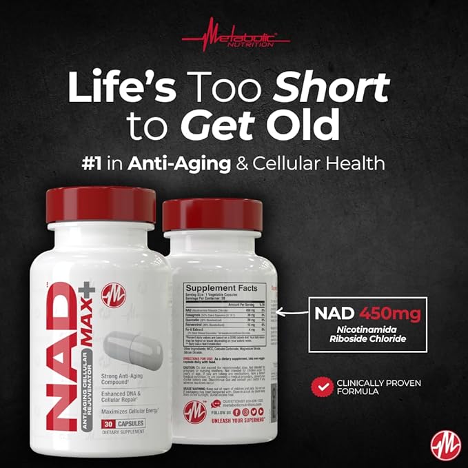 Metabolic Nutrition NAD MAX Plus+ 450mg of NAD + Fenugreek Quercetin Resveratrol and Fo-ti Extract for Anti-Aging Cellular Rejuvination Also Supports Cellular Energy30 Vegetable Capsules