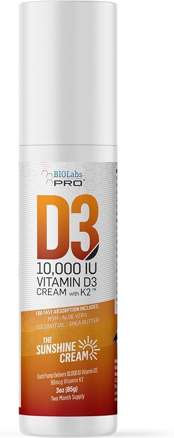 BIOLABS PRO All Natural Vitamin D3 10000IU Vitamin D Cream - Maximum Strength - Fight Vitamin D Deficiency Naturally - with Vitamin K2 &amp Olive Leaf Extract - Safe &amp Effective (10000IU - 3.0oz