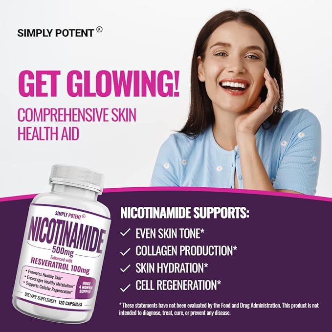 Nicotinamide 500mg with Resveratrol 100mg - 120 Veggie Capsules - Vitamin B3 Supplement Pills to Support NAD Skin Cell Health &amp Energy