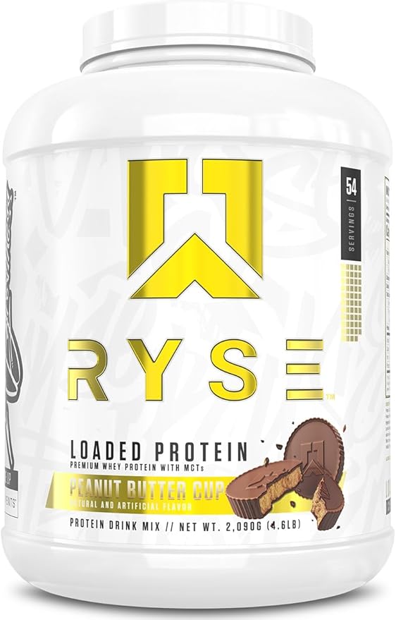 RYSE Loaded Protein Powder - Peanut Butter Cup - 25g Whey Protein Isolate &amp Concentrate with Prebiotic Fiber &amp MCTs - Low Carb Low Sugar Digestive-Friendly - 54 Servings / 4 lb Tub