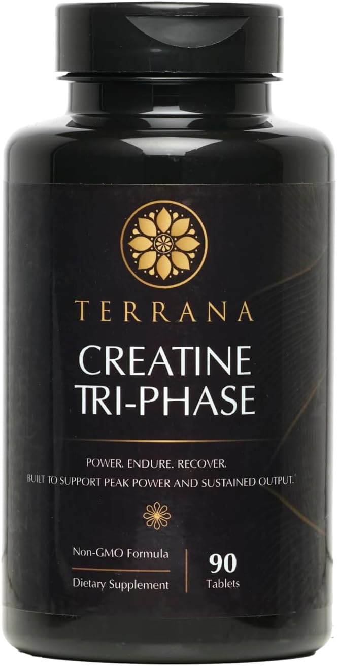 Terrana Creatine Tri-Phase – 3-in-1 Creatine Supplement with Monohydrate AKG &amp Pyruvate – Tablets for Muscle Strength Power &amp Recovery – Non-GMO 90 Tablets