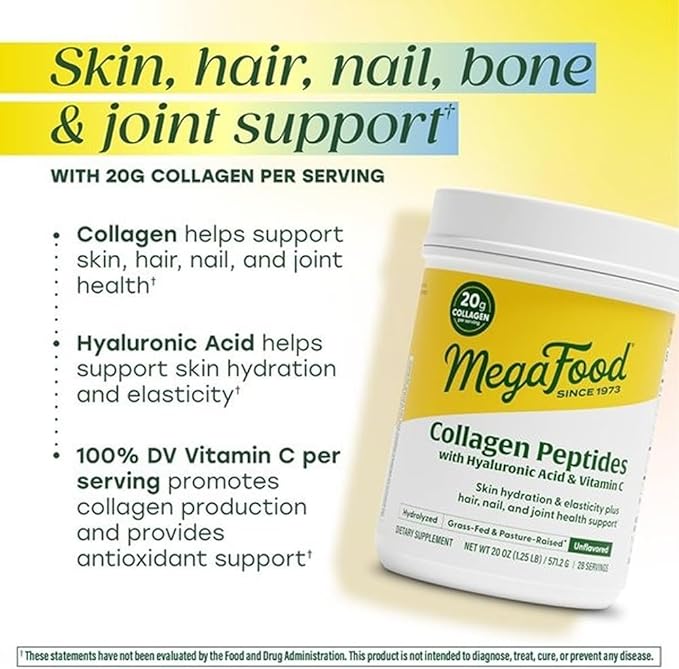 MegaFood Collagen Peptides for Women &amp Men - Unflavored Collagen Powder with Hyaluronic Acid &amp Vitamin C - Supports Skin Hair Nails &amp Joint Health - 20g Grass Fed Bovine Collagen - 20oz 2