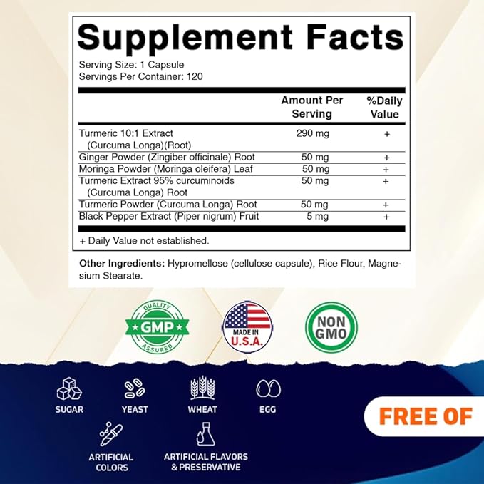 Vitamatic 810078475422 Turmeric Curcumin Supplement – Plant-Based Botanical Extract with Black Pepper Ginger &amp Moringa – Vegetarian Non-GMO Gluten-Free – 120 Capsules - 3 Pack (360 Capsules)