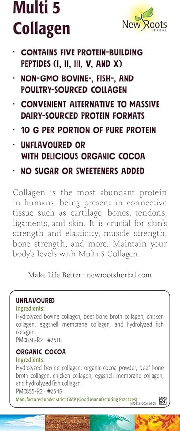 NEW ROOTS HERBAL Multi 5 Coco Collagen Powder Supplement (Types I II III V and X) Hydrolyzed Collagen - Dairy &amp Gluten Free - 12g per Serving - Chocolate Flavor 7.05 oz