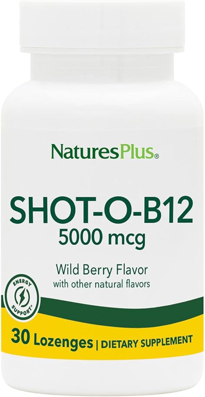 NaturesPlus Shot-O-B12 - 30 Lozenges Wild Berry Flavor - 5000 mcg - Vegan Gluten Free - 30 Servings