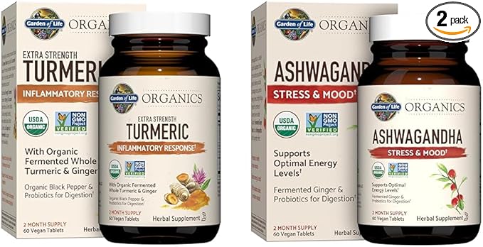 Garden of Life Organics Extra Strength 100mg Curcumin Turmeric 60 Tablets and Ashwagandha Stress &amp Energy Support 60 Tablets Bundle
