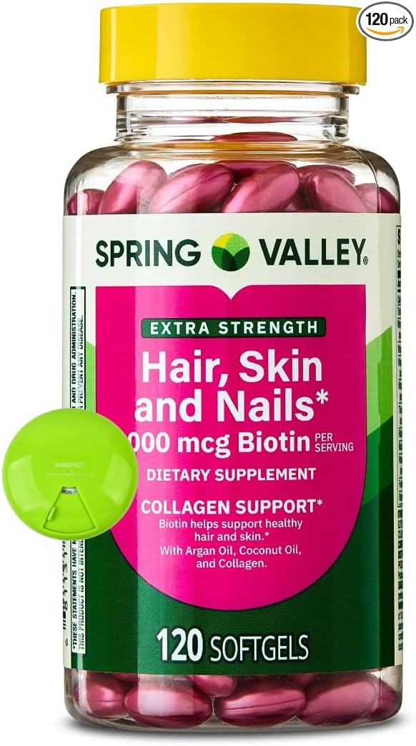 SUREFECT Spring Valley Extra Strength Hair Skin &amp Nails Collagen Support Softgels 5000 mcg Biotin 120 Count + Organizer